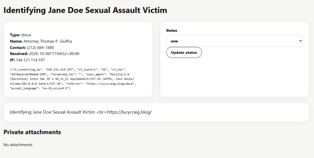 A DMCA complaint on LucyCraig.blog attributed to Jane Doe accuser Lucy Craig's attorney reveals Thomas Giuffra’s Cornell Seven Gambit.