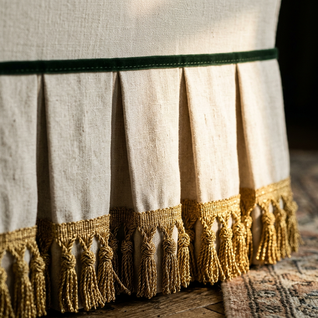 Close-up of skirted sofa dressmaker details showing hand-sewn box pleats in ivory Belgian linen with forest green velvet contrast piping and gold bullion fringe trim