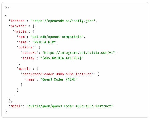 An OpenCode config.json pointing the nvidia provider at NVIDIA NIM's OpenAI-compatible endpoint, running the Qwen3 Coder model.