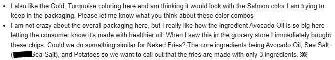 Initial Naked Fries color and ingredient callout notes