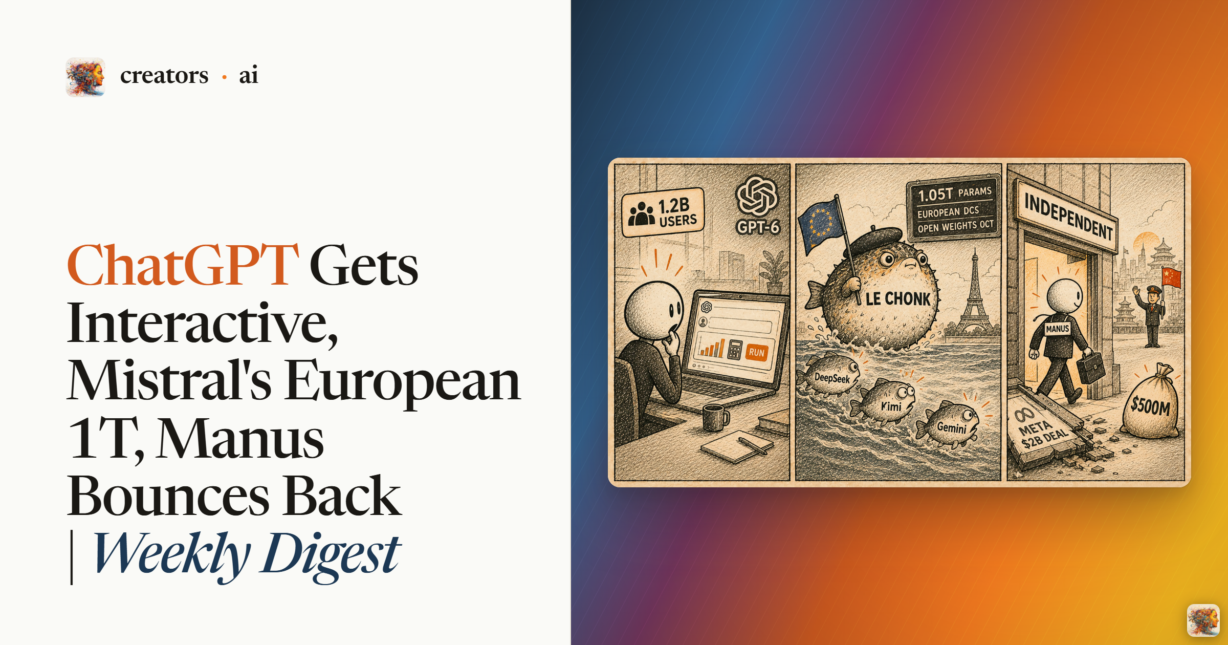 Newsletter artwork for “ChatGPT Gets Interactive, Mistral’s European Giant, Manus Bounces Back | Weekly Digest”