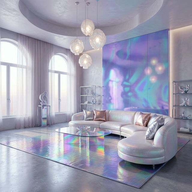 Extra Celestial living room with iridescent glass and holographic accents