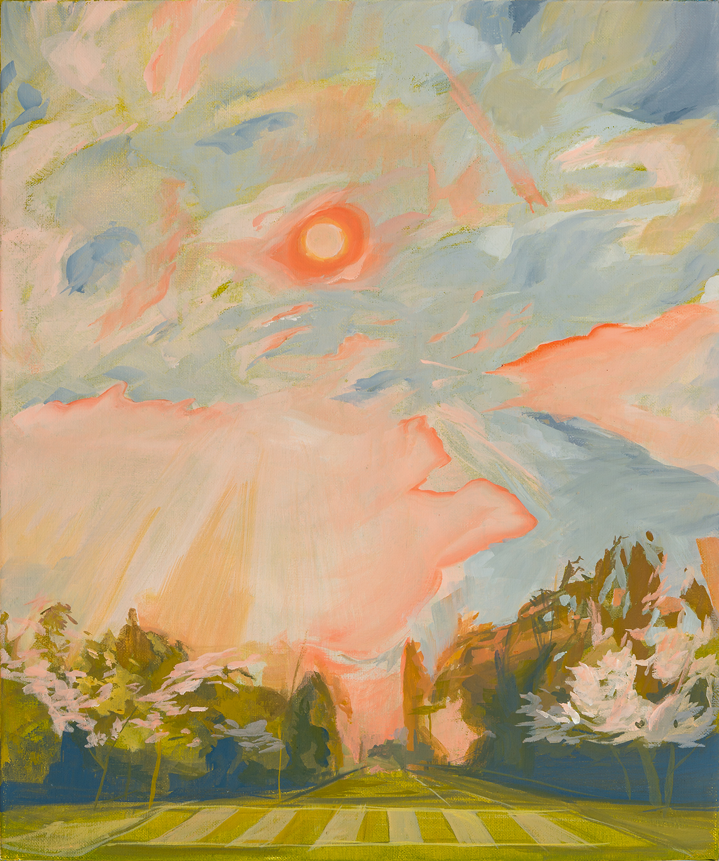 In this portrait-oriented landscape, a red-peach sun shines a smoky light onto a cultivated landscape in bright, diluted greens and blues.