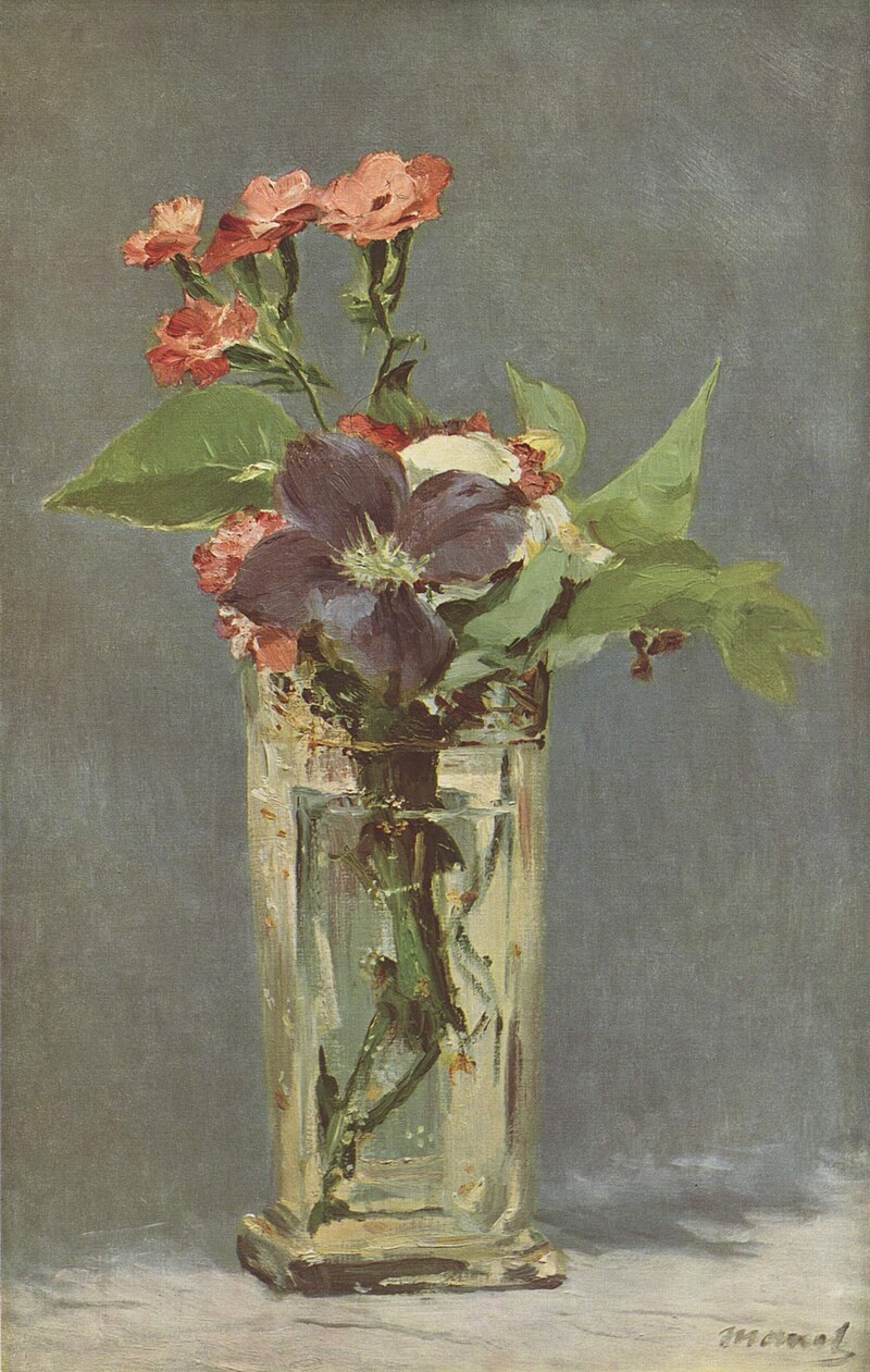Still-life painting of pink and purple flowers in a glass vase