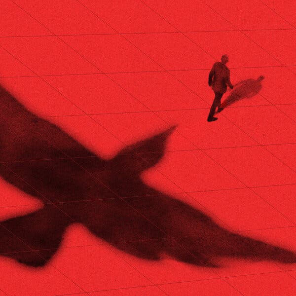 A red illustration of the shadow of a large bird approaching a man from behind. A red illustration of the shadow of a large bird approaching a man from behind.