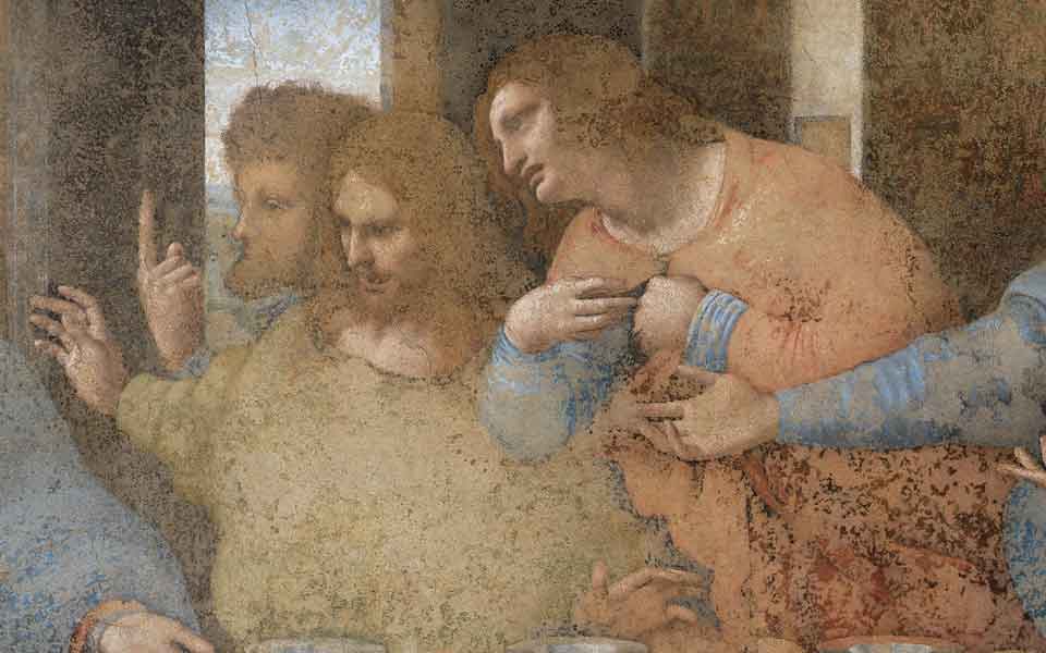Close-up of apostles gesturing on the right side of The Last Supper