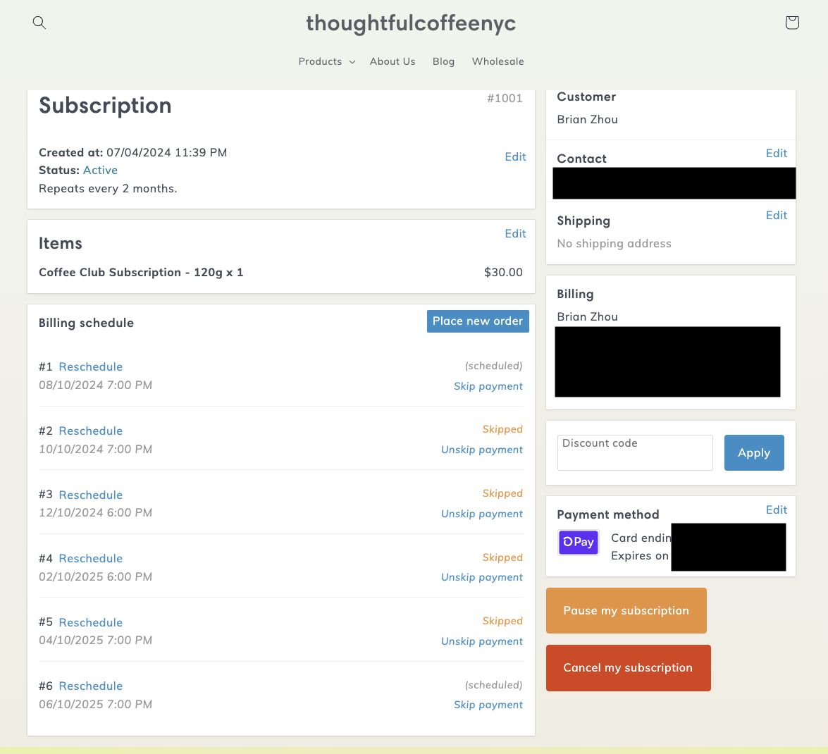 Subscription management interface
