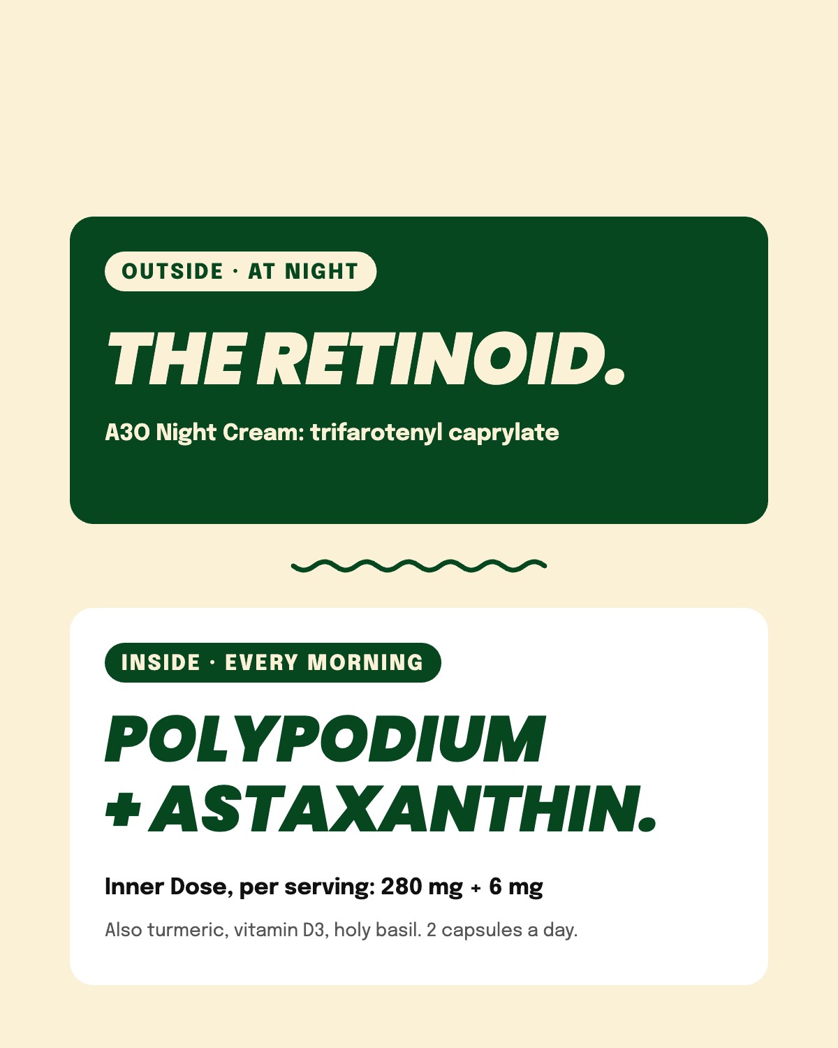 Outside: the retinoid at night. Inside: polypodium and astaxanthin every morning.