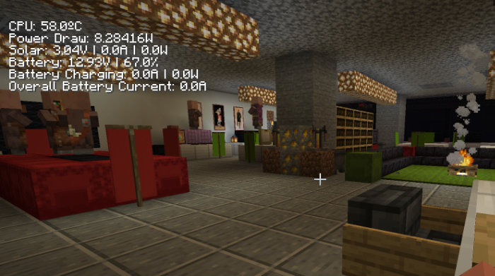 Une vue d'un minecraft. Les info de la batterie et du courant sont affichées.