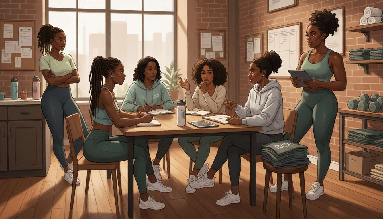Illustration of a group of Black women fitness instructors gathered around a table for a team discussion inside a boutique fitness studio.