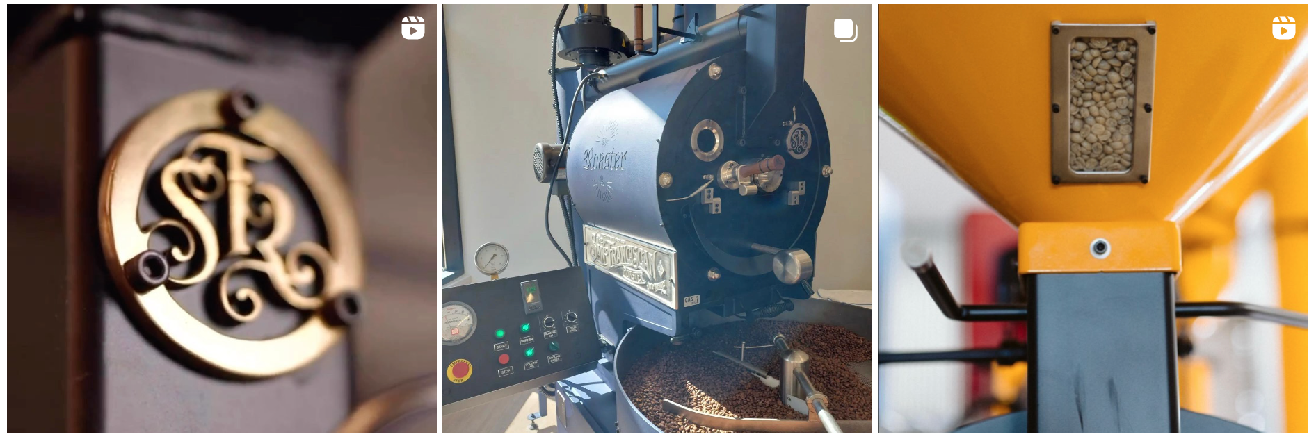A 3-photo collage of commercial coffee roasters. From Left, the SFR in gold inside a gold circle. Middle: a black and gold coffee roaster with roasted beans in the cooling tray. Right: a yellow coffee roaster hopper.
