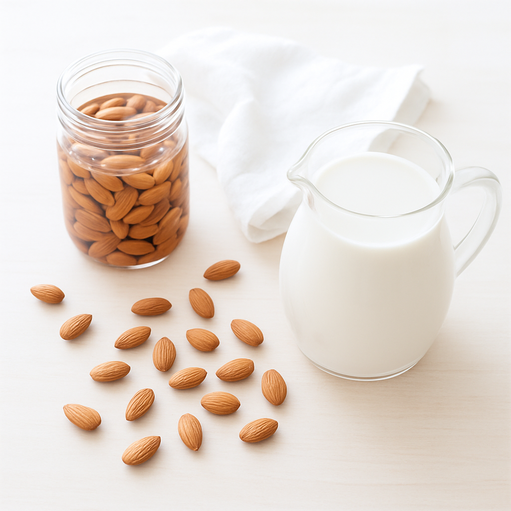 Overhead flat lay of a bright white kitchen bench with a simple homemade almond milk setup — a glass jar of soaked almonds, a clean white linen cloth, a glass pitcher of white liquid, scattered whole almonds — flooded with bright natural daylight, light wood surface, no text