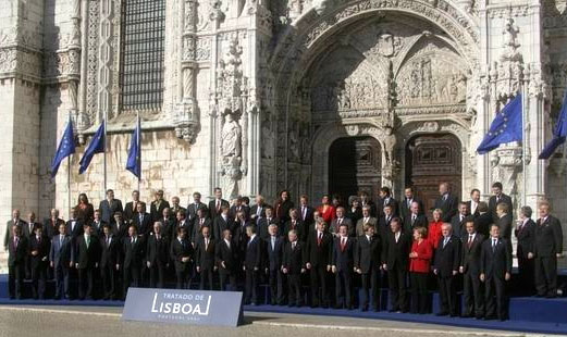 Group photograph of European leaders outside Jeronimos Monastery in Lisbon