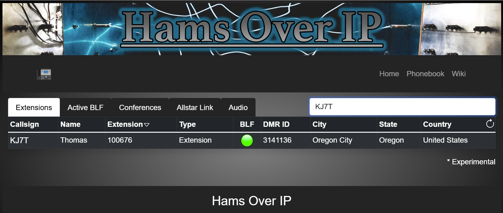 Hams Over IP phonebook entry for KJ7T