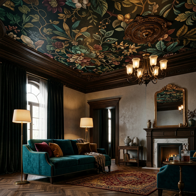 Elegant living room with a dramatic dark floral wallpapered ceiling featuring oversized botanical prints in emerald, burgundy, and gold, with a teal velvet sofa and warm brass lighting on herringbone floors