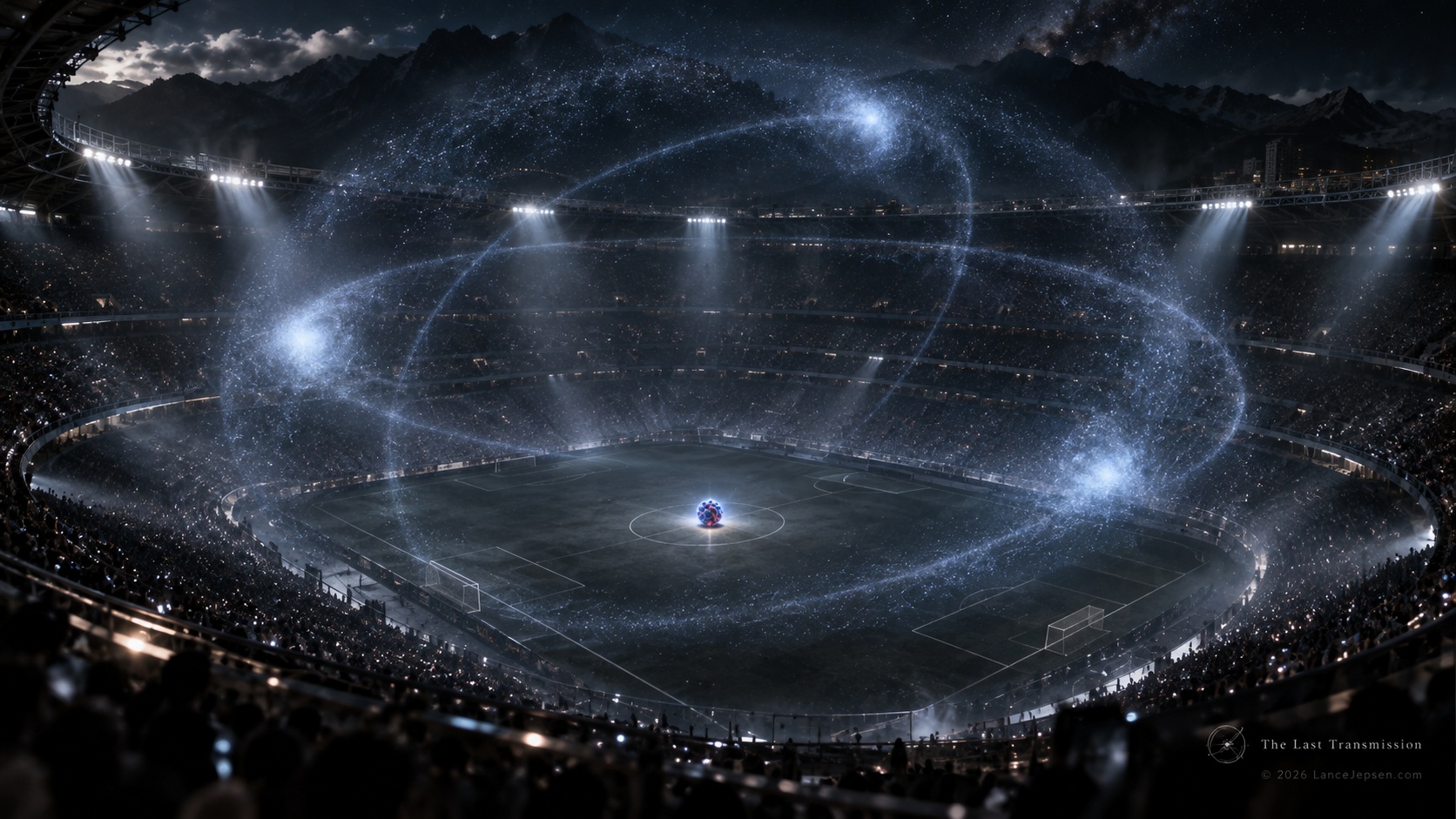 Conceptual stadium-sized atom with a tiny central nucleus and broad electron cloud
