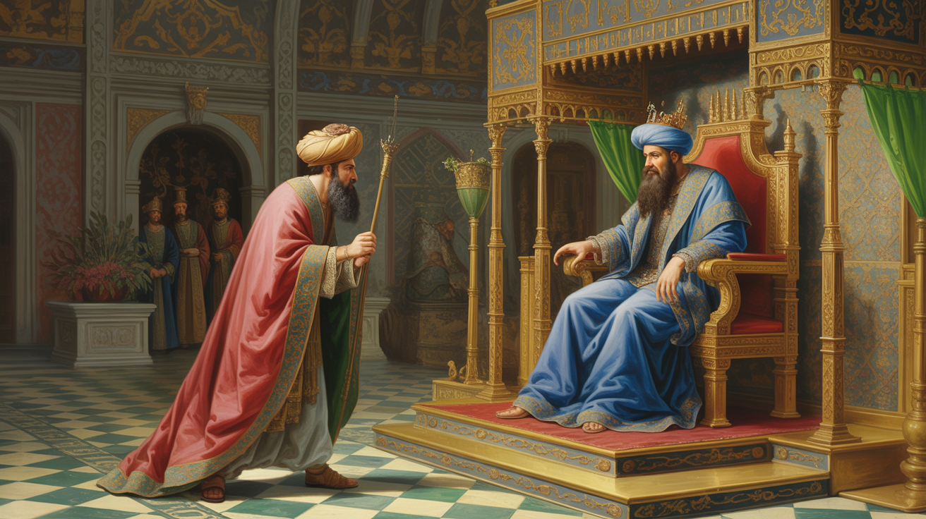 Illustration of Mordecai sitting at the king's gate in the Persian capital of Susa.