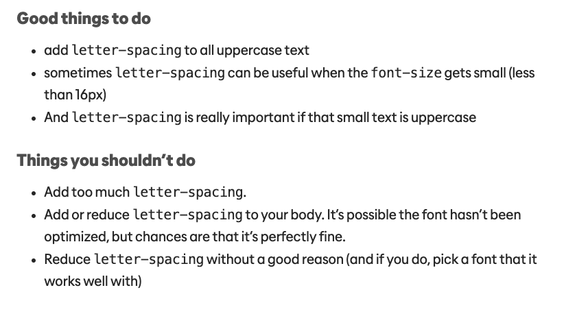 Letter Spacing best practices (credit: kevinpowell.co)