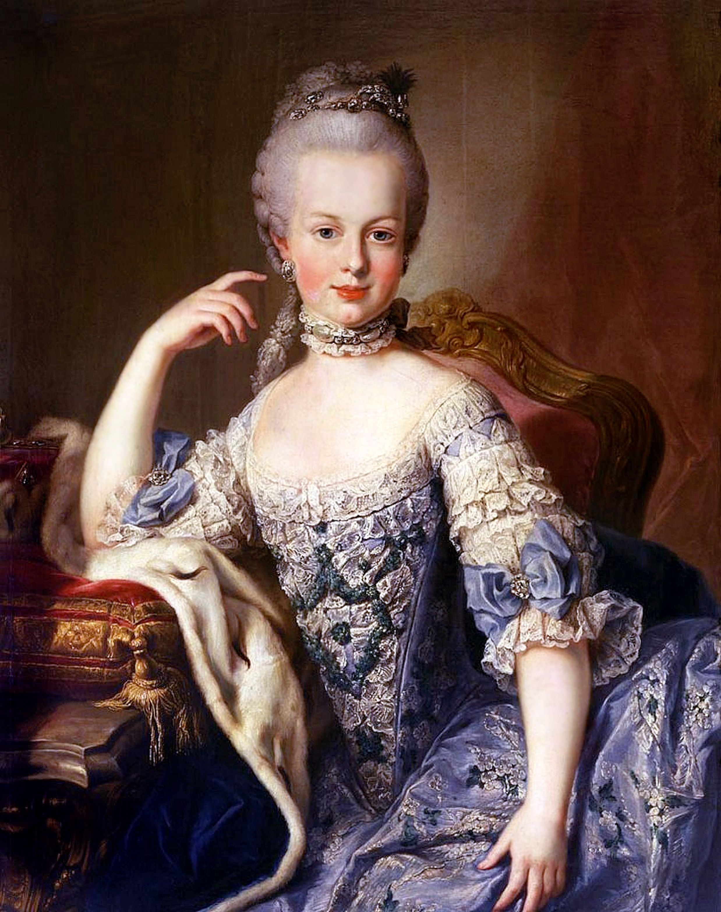 Painted portrait of Marie Antoinette seated in an ornate blue dress