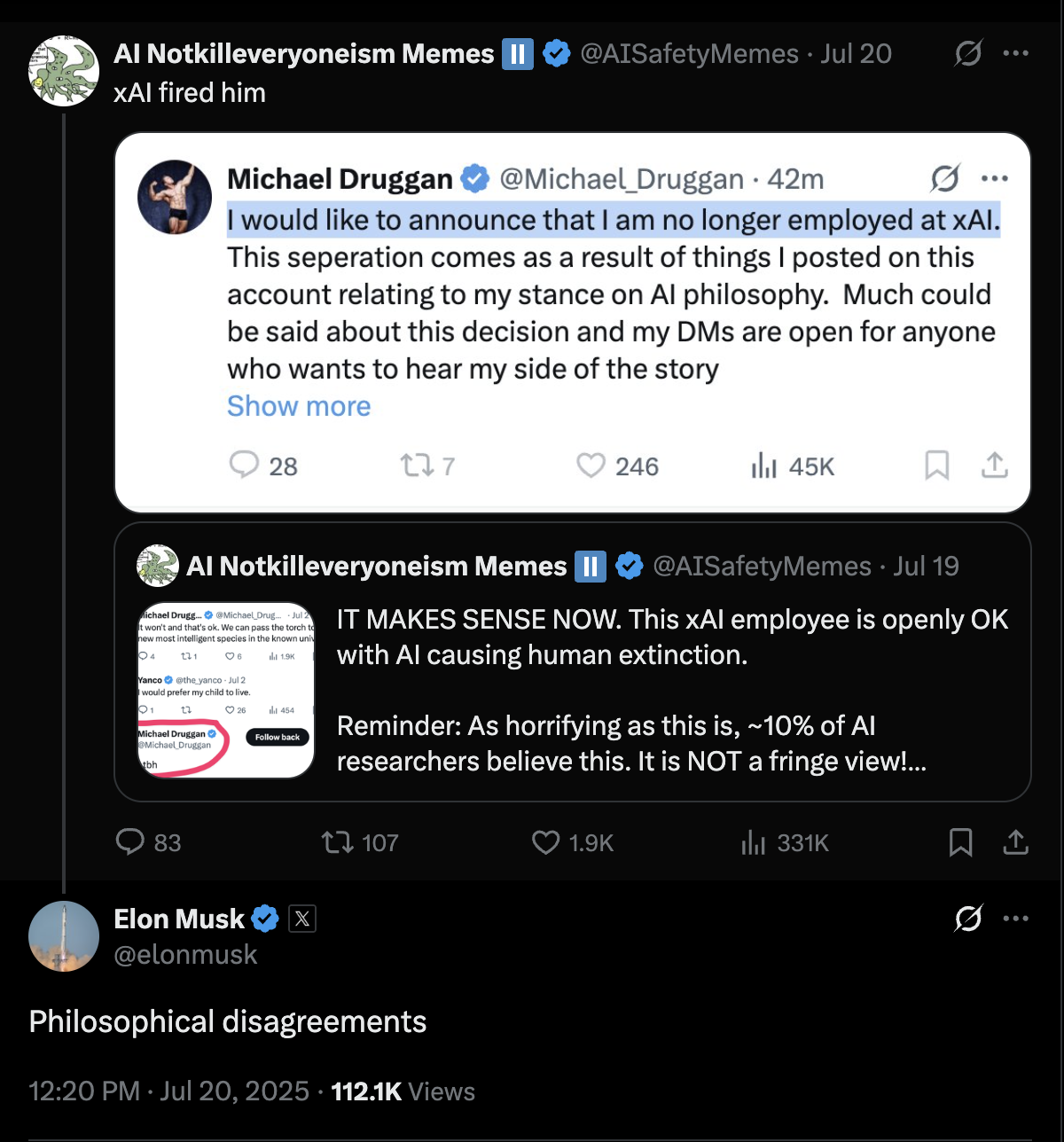 Screenshot of tweets discussing Michael Druggan's firing from xAI and Elon Musk's response