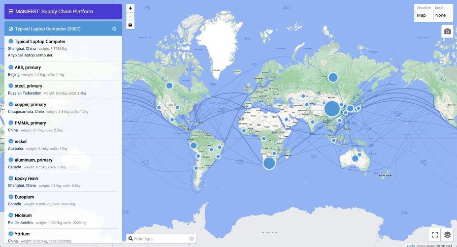 Capture d'écran du site Manifest, présentant une carte des flux de matières nécessaires à la fabrication d'un ordinateur protable