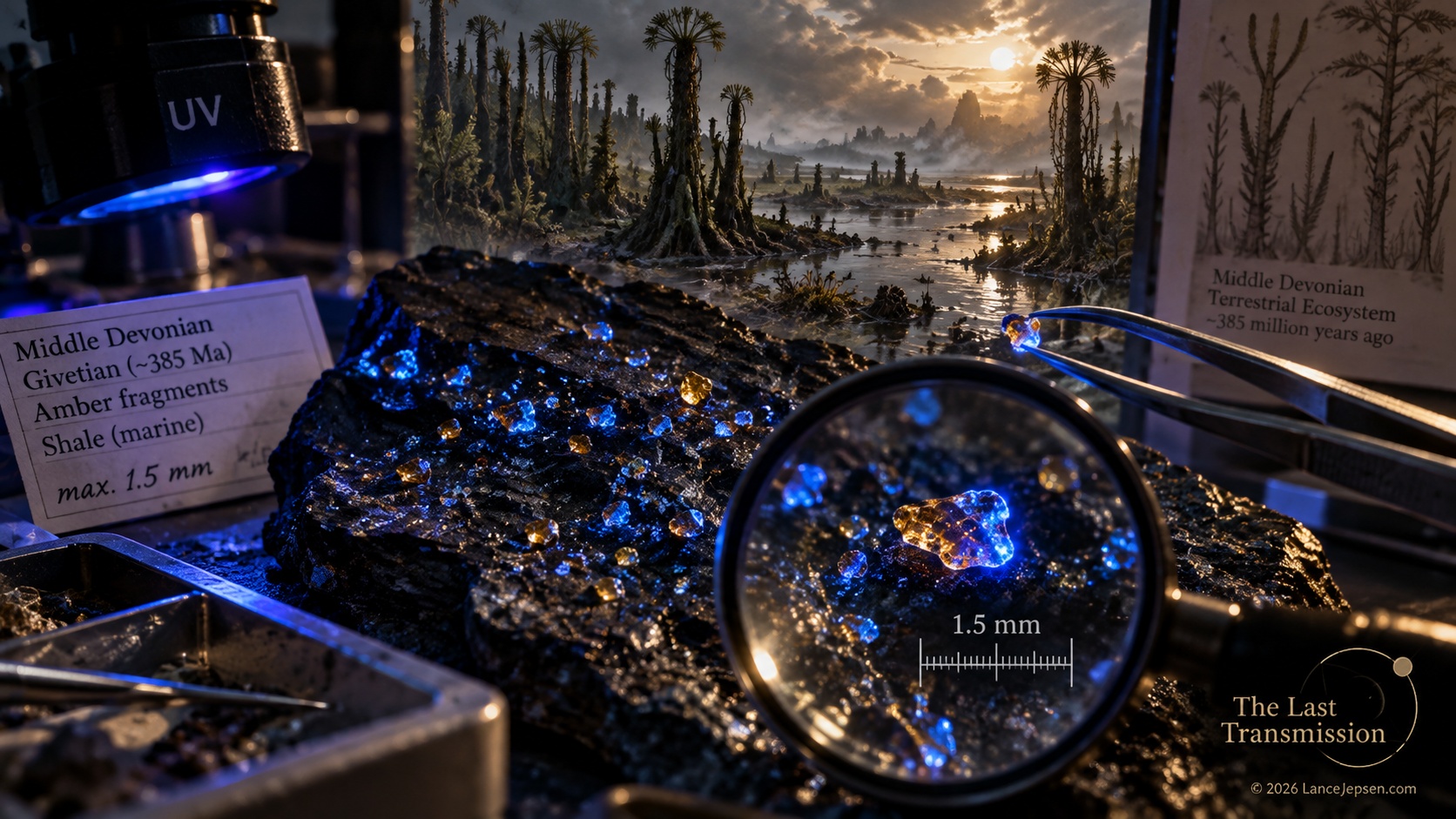 Magnified conceptual view of microscopic ancient amber fragments fluorescing under ultraviolet light