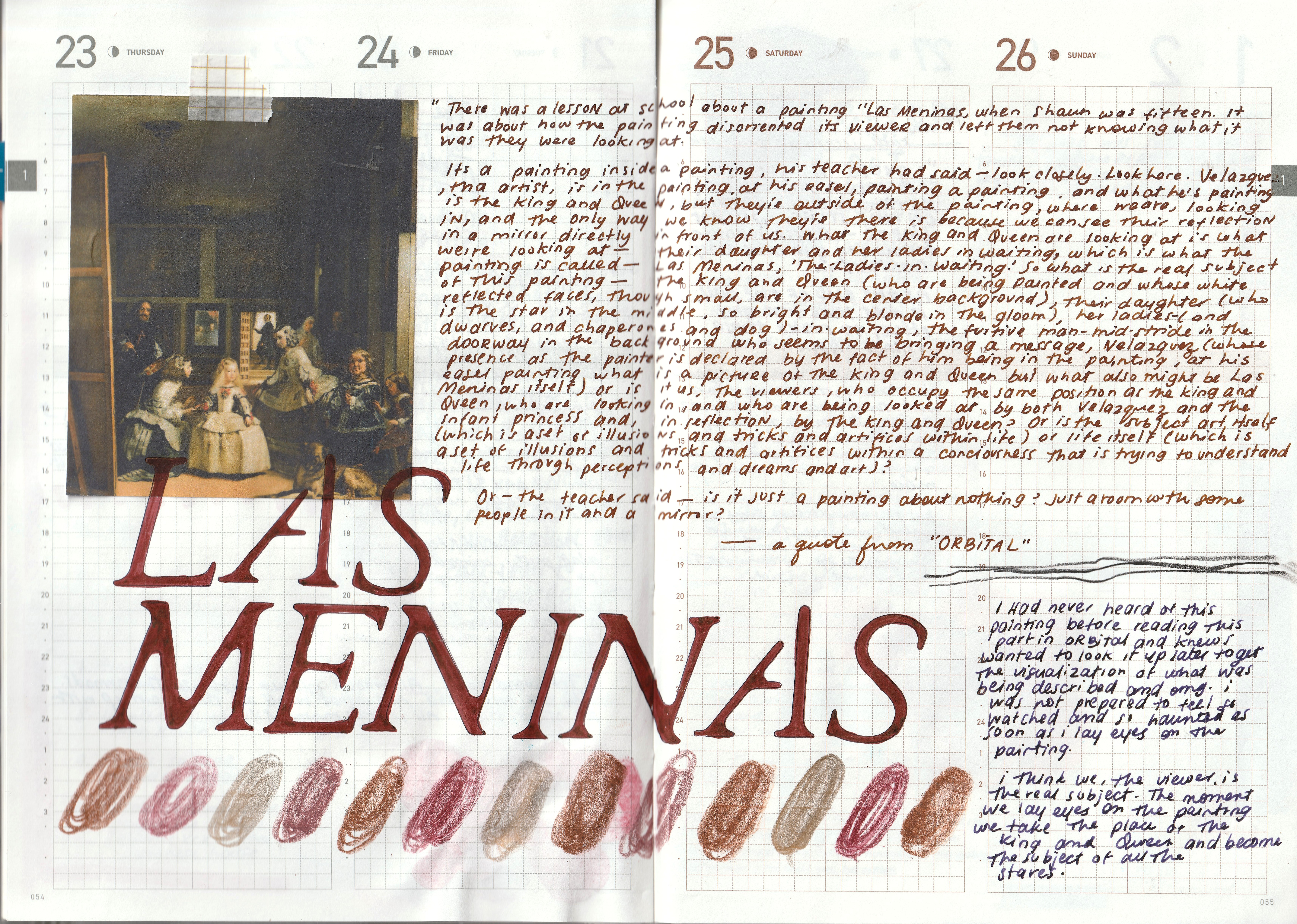 Scan of a commonplace journal with a quote from the book Orbital regarding the painting Las Meninas