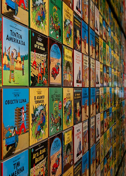 File:Wall lined with Tintin comic books, Calouste Gulbenkian Museum, Lisbon, Portugal julesvernex2.jpg