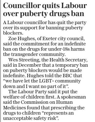 Councillor quits Labour over puberty drugs ban The Daily Telegraph - Saturday4 Jan 2025 A Labour councillor has quit the party over its support for banning puberty blockers.  Zoe Hughes, of Exeter city council, said the commitment for an indefinite ban on the drugs for under-18s harms the transgender community.  Wes Streeting, the Health Secretary, said in December that a temporary ban on puberty blockers would be made indefinite. Hughes told the BBC that “we have let the LGBT+ community down and I want no part of it”.  The Labour Party said it put the welfare of children first. A spokesman said the Commission on Human Medicines found that prescribing the drugs to children “represents an unacceptable safety risk”.  Article Name:Councillor quits Labour over puberty drugs ban Publication:The Daily Telegraph - Saturday Start Page:2 End Page:2