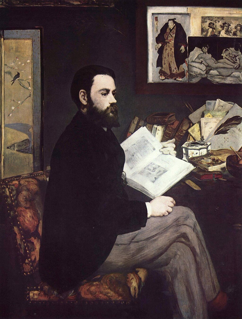 Manet's portrait of Emile Zola seated with a book and artworks behind him