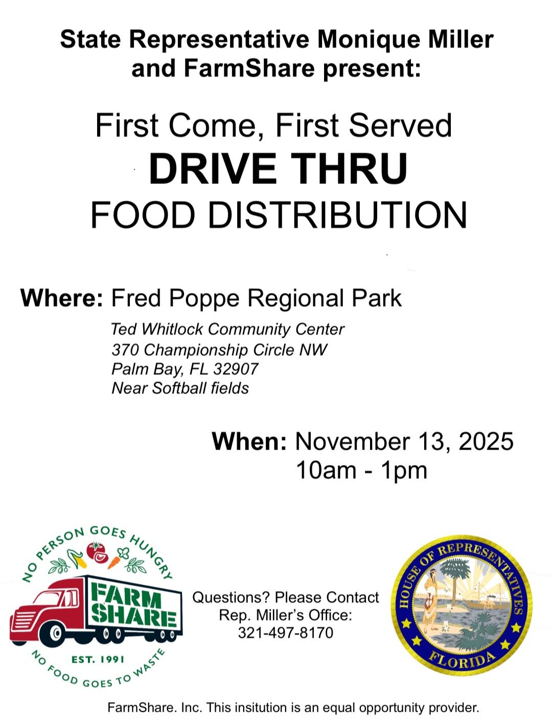 Flyer for the Farm Share drive-thru food distribution event in Palm Bay, listing the date, time, location, and contact information, along with Farm Share and Florida House of Representatives logos.