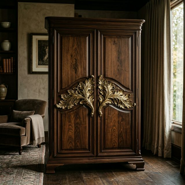 A beautiful dark walnut armoire with extremely large, ornate brass handles shaped like leaves.
