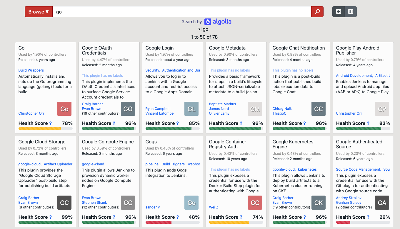 A screenshot of the jenkins plugin marketplace searching for "Go". There are a number of plugins returned with health scores varying from 48% to 99%, with a range of release dates.