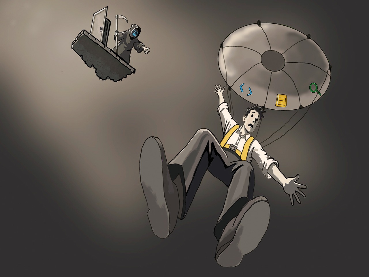 An engineering manager falls with a parachute while an AI agent works above him