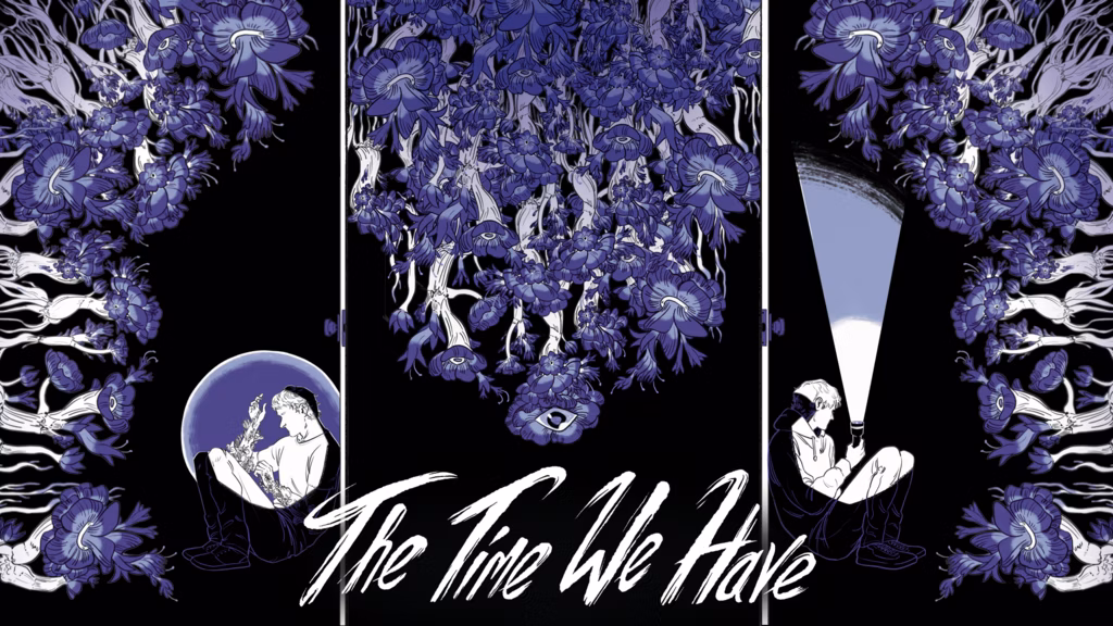 The banner image of The Time We Have, which depicts two brothers sitting down next to a closed door, on either sides of the door. At the edges of the picture are purple flowers. The infected brother has plants growing from his arms.