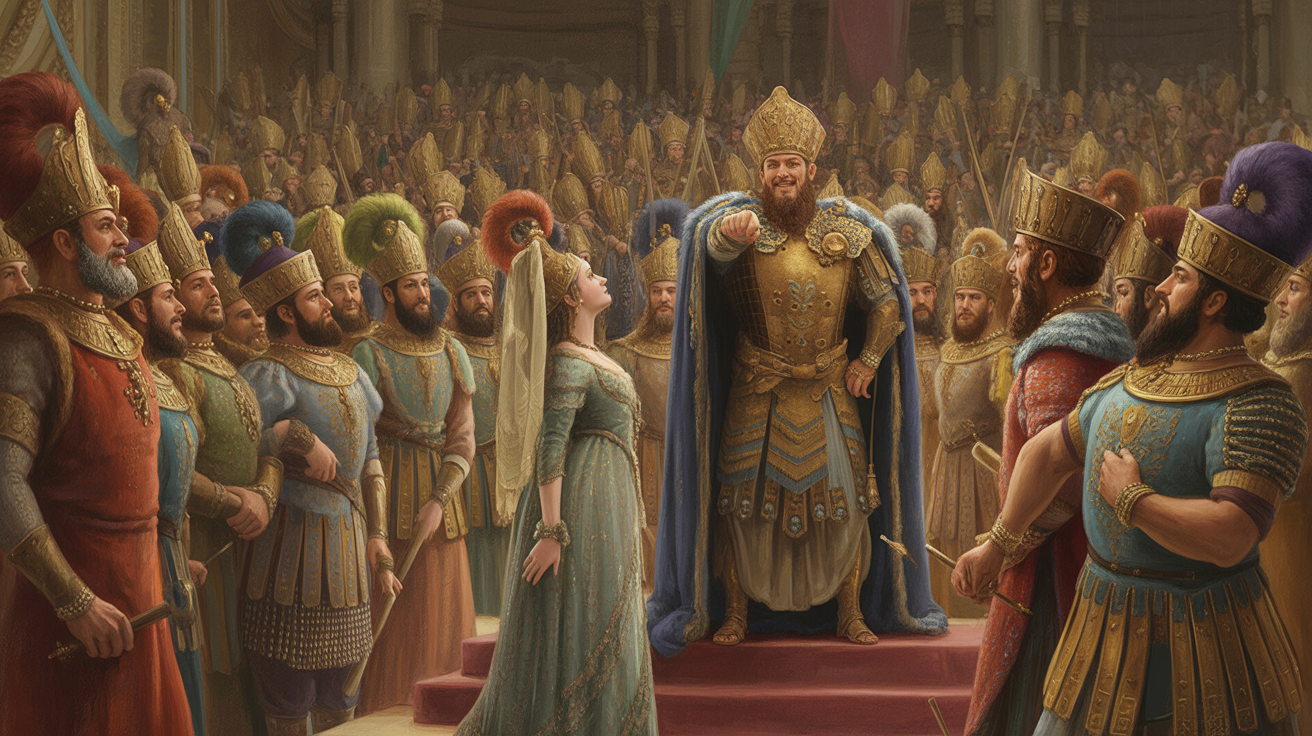 Illustration of Vashti standing before King Ahasuerus's banquet hall in Persia, royal columns and torchlight in the background.