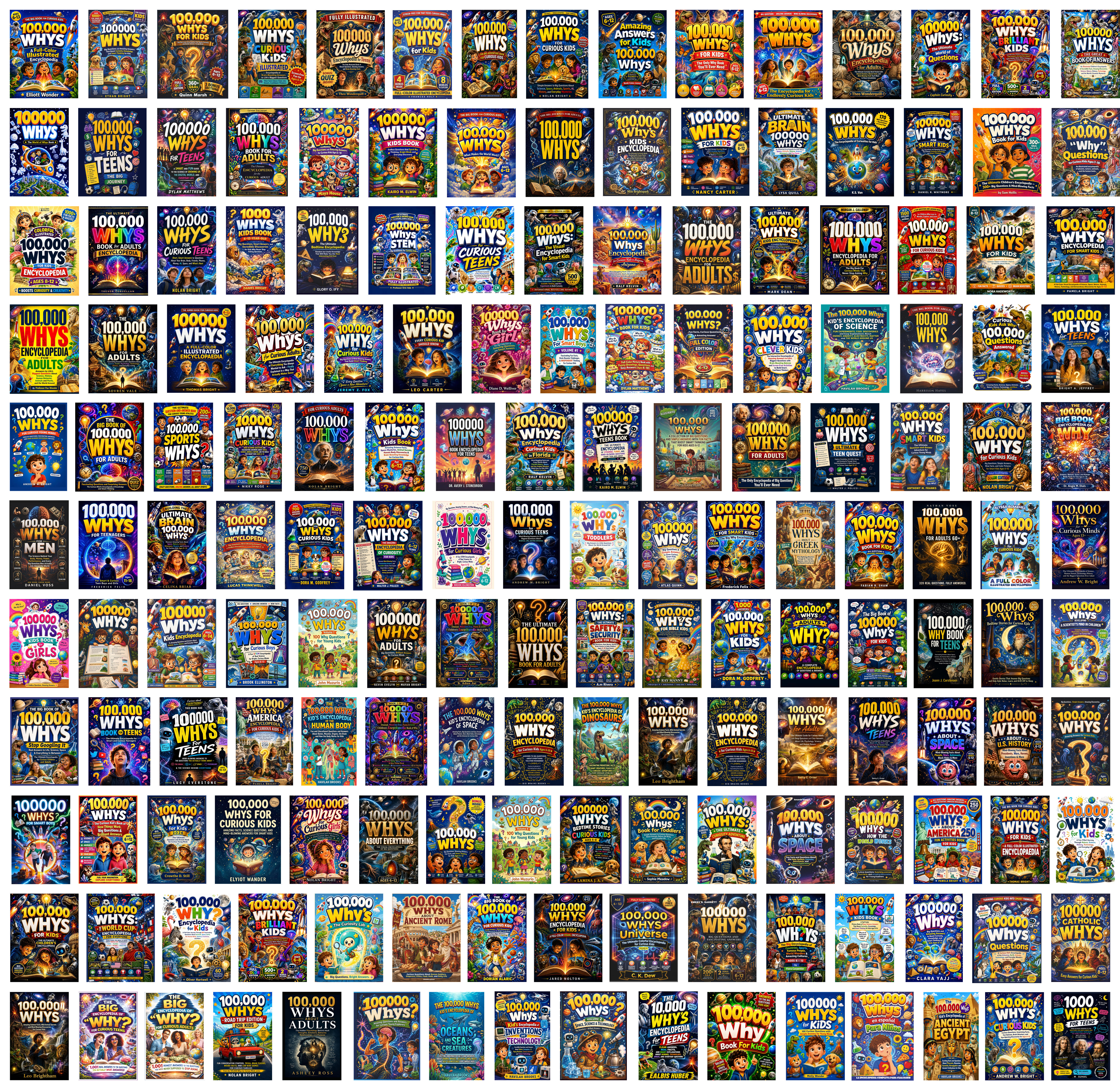 Collage of Amazon book covers for '100000 whys' children's books showing near-identical AI-generated designs