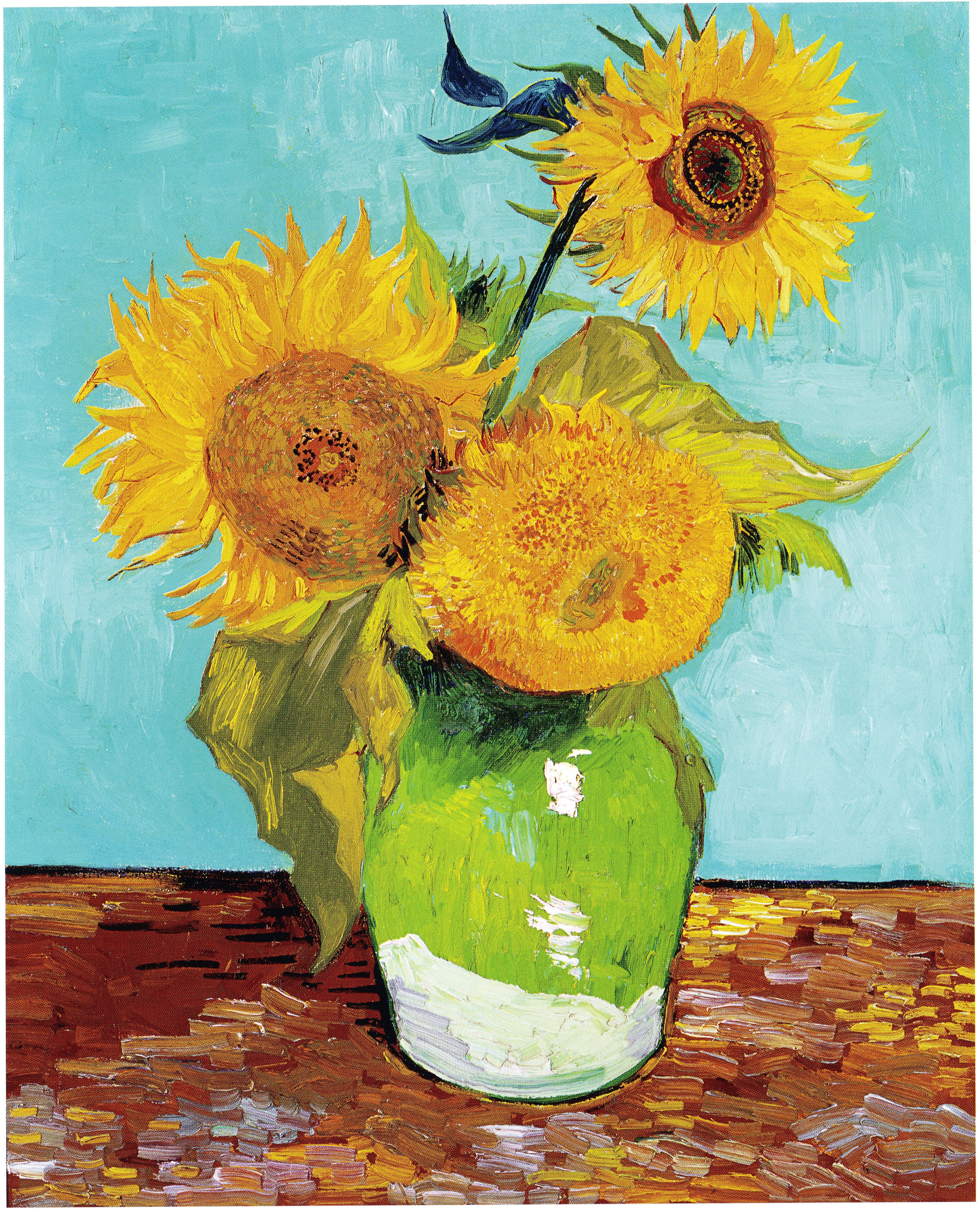 Van Gogh's Sunflowers painting with three yellow blooms in a green vase