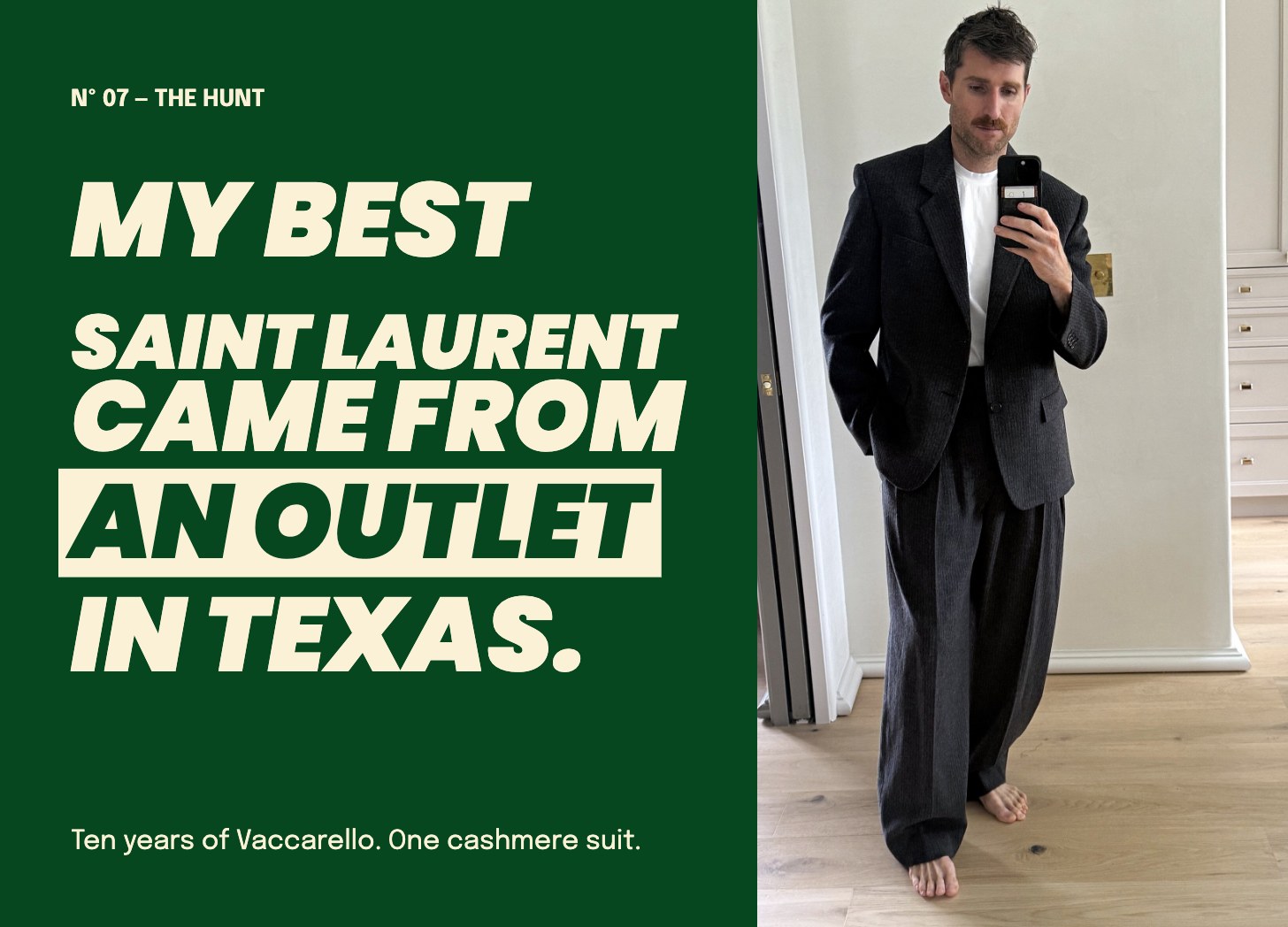 Brian Ellingwood in his Saint Laurent wool-cashmere suit from the San Marcos outlet near Austin