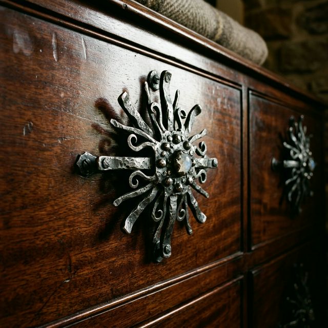 A close-up of a massive, sculptural silver drawer pull on a rich mahogany dresser.