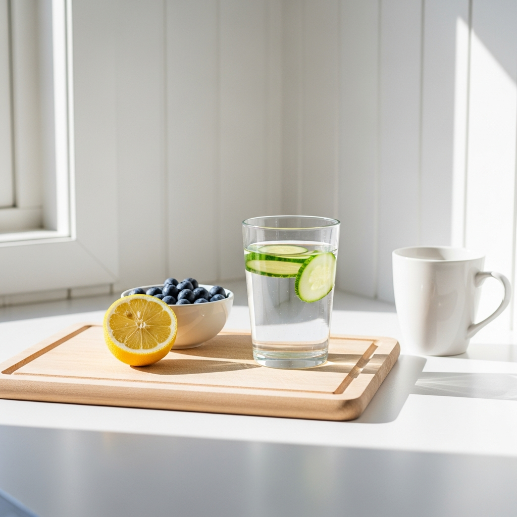 Bright photograph of a sunlit kitchen bench with a light wood chopping board, a halved lemon, a small bowl of blueberries, a glass of water with cucumber slices, and a white ceramic mug, white walls in background, airy and clean
