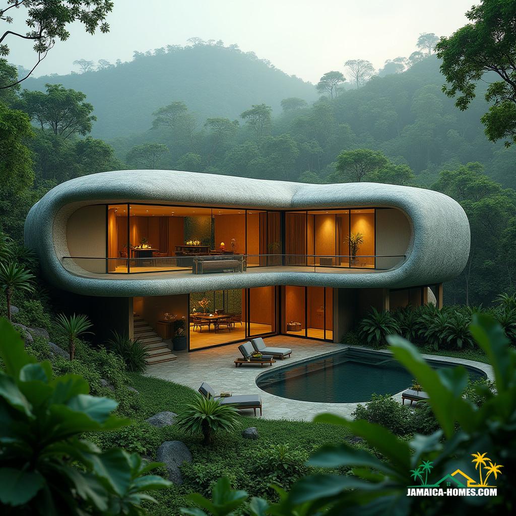 A majestic modern Earthbag home nestled in the lush hills of Kingston, Jamaica, Caribbean, surrounded by vibrant tropical greenery and a hint of misty atmosphere. The structure's organic curves and natural materials blend seamlessly into the surroundings, evoking a sense of harmony with the environment.
