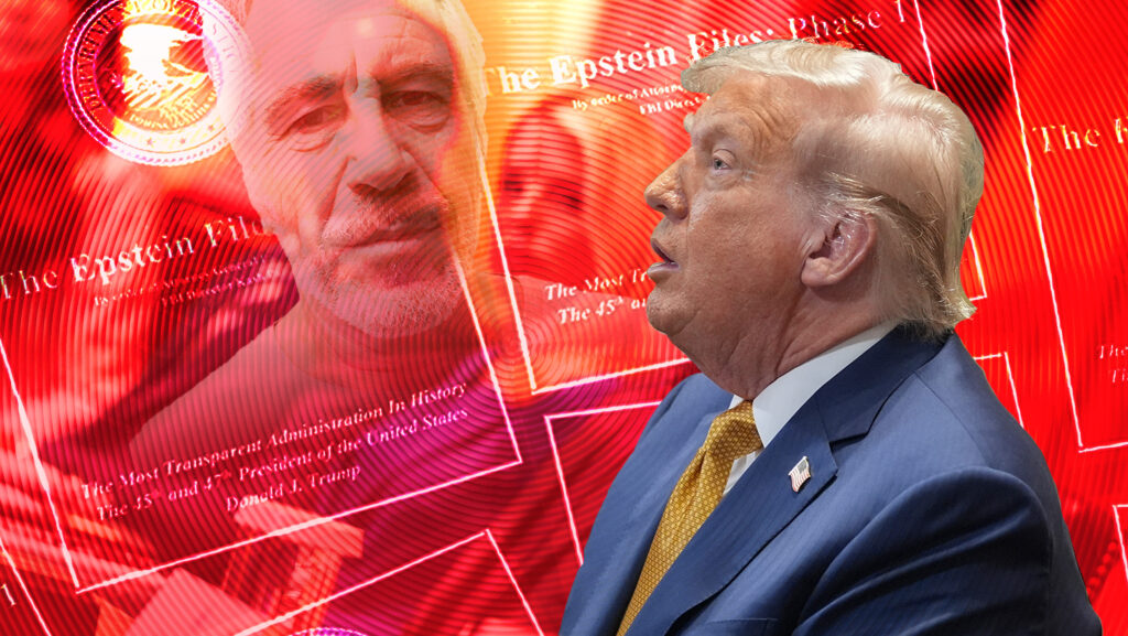 The image shows a profile view of former President Donald Trump dressed in a blue suit, white shirt, and yellow patterned tie, looking upward with a serious expression. Behind him, there is a large, semi-transparent, red-toned overlay featuring a grayscale image of Jeffrey Epstein’s face alongside several pages of text titled 'The Epstein Files' and a seal that appears to be governmental. The background has a swirling, intense red pattern, giving the scene a dramatic and intense atmosphere.