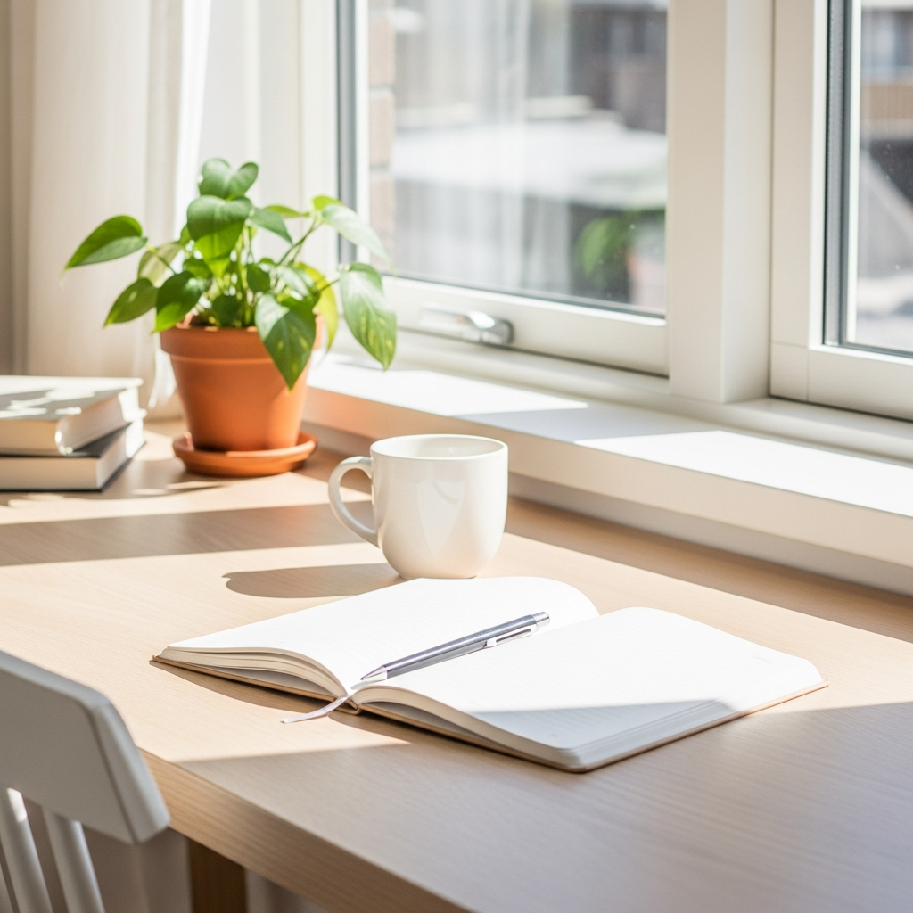Bright photograph of a light wood desk with an open notebook, a white ceramic mug, and a small plant in a terracotta pot, flooded with natural daylight from a nearby window, cream and white tones