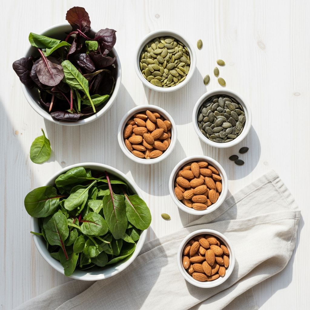 Overhead flat lay of magnesium-rich foods including dark leafy greens, pumpkin seeds, and almonds in small white ceramic bowls on a light wood surface, bright natural daylight