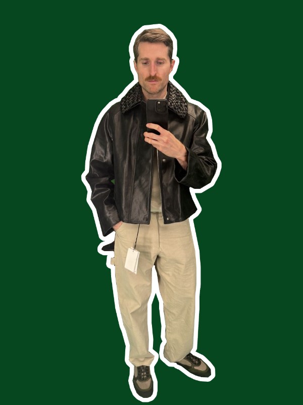 Brian trying on the Bottega Veneta crackled intrecciato collar leather jacket