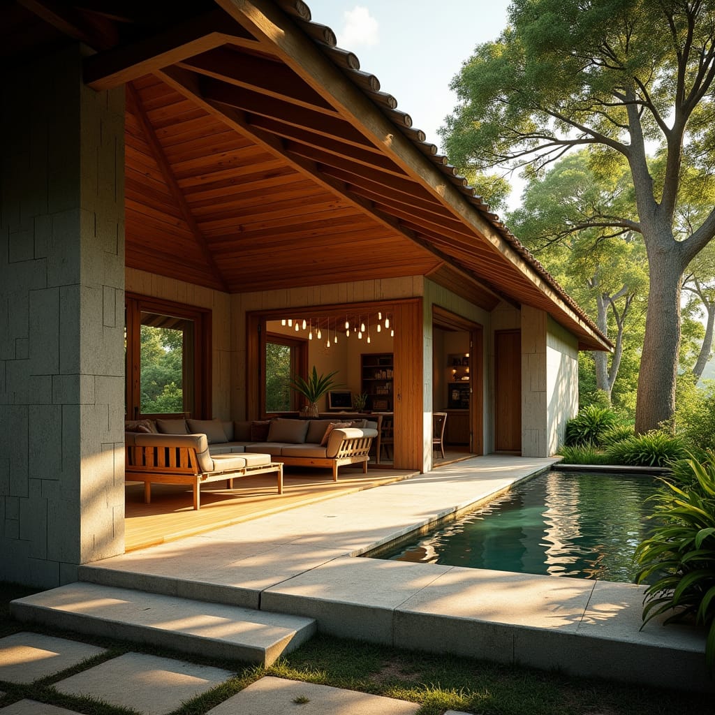 A modern Jamaican and Ghanaian styled home in Jamaica, blending traditional African and colonial influences, with a focus on open spaces, communal living, and harmony with nature. The design incorporates elements reminiscent of traditional African homes, with a seamless fusion of wood, stone, and earthy tones. The architecture is characterized by clean lines, minimalist ornamentation, and an emphasis on natural ventilation. Cinematic lighting casts a warm glow, with deep shadows and rich textures