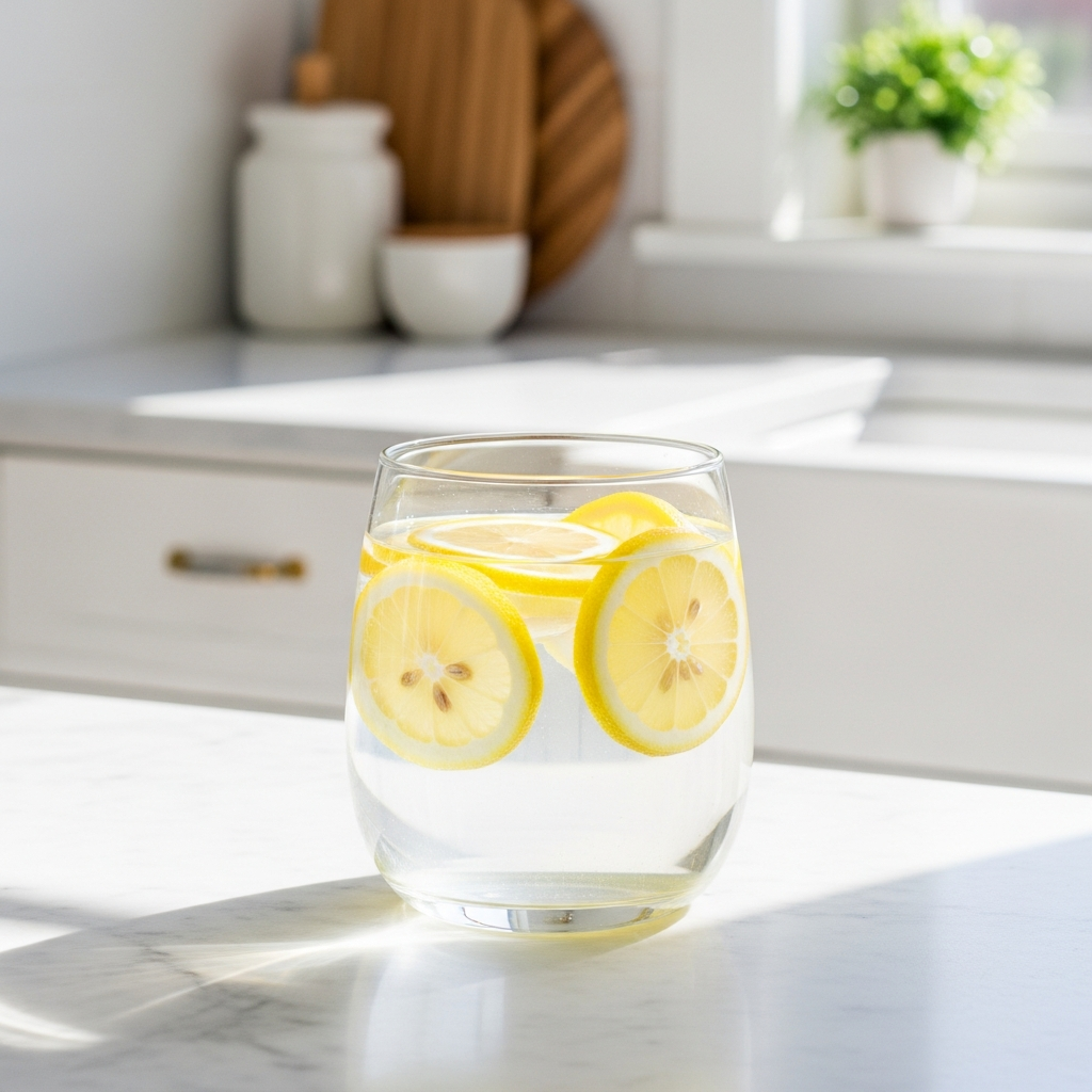 Bright photograph of a large glass of water with lemon slices on a light marble countertop, sunlit white kitchen background, fresh and clean