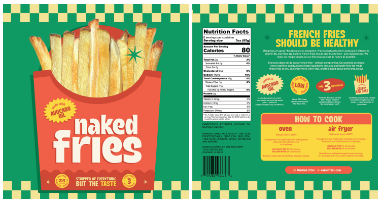Version one of the Naked Fries packaging design