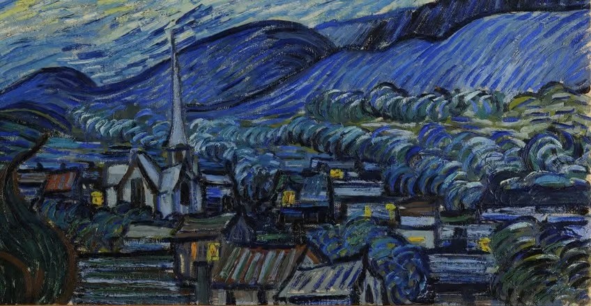 Close-up of the village and church steeple beneath The Starry Night sky